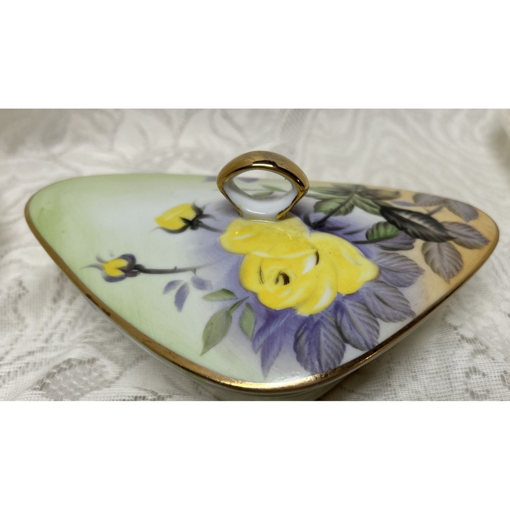 Dresser Box Yellow Rose Ucagco 3 Cornered Triangle Vintage Dish with Lid